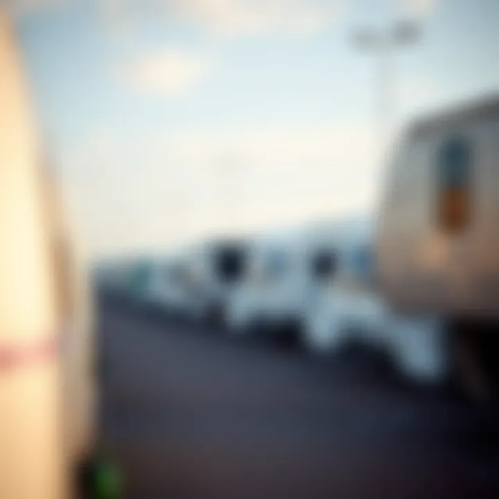 Diverse travel trailers lined up at a dealership