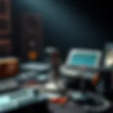 A serene landscape of podcast equipment symbolizing the world of audio learning