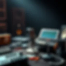 A serene landscape of podcast equipment symbolizing the world of audio learning