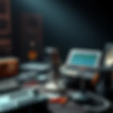 Podcast Equipment Landscape A serene landscape of podcast equipment symbolizing the world of audio learning