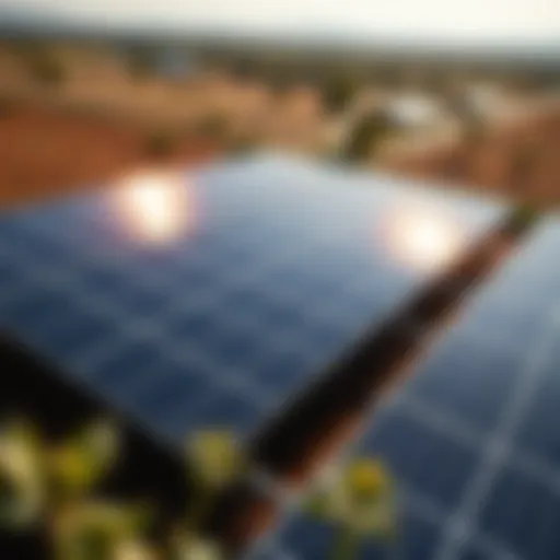 Aerial view of a solar farm with panels reflecting sunlight