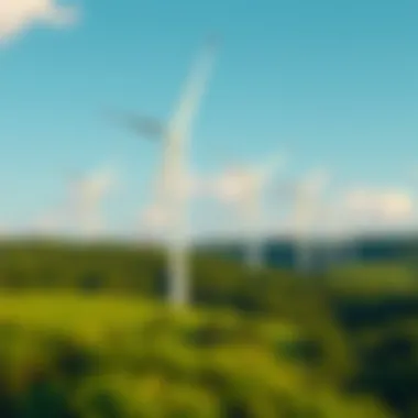 Wind turbines spinning in a lush green landscape