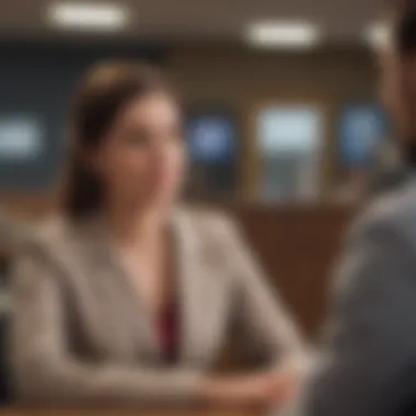 A bank teller assisting a customer with a friendly demeanor.