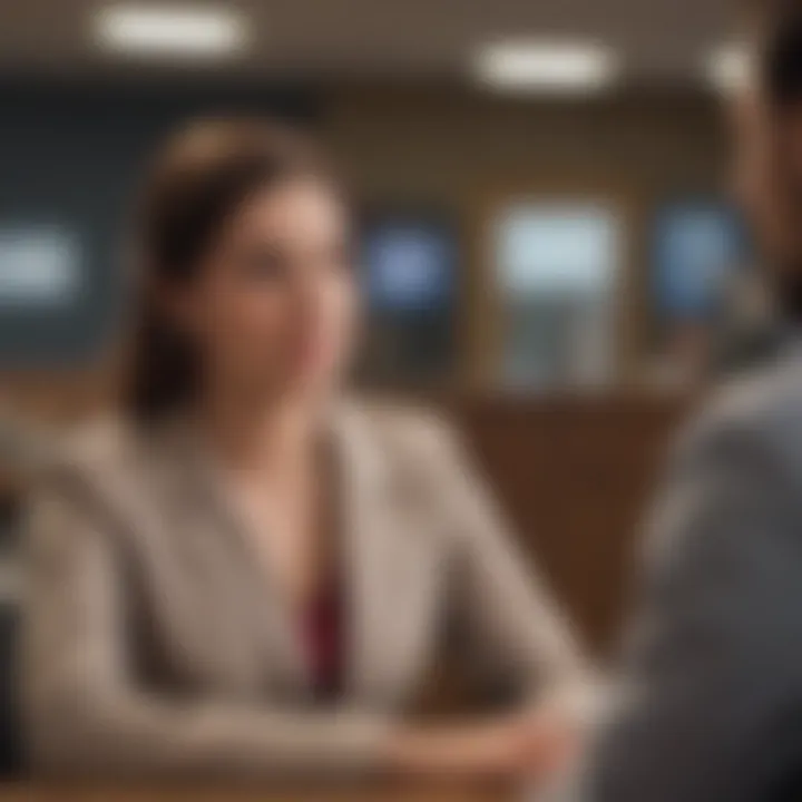 A bank teller assisting a customer with a friendly demeanor.